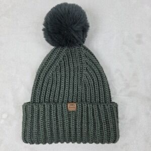 Roots Hat Beanie Fitted Womens One Size Green Pom Knit Winter Heavyweight Chunky